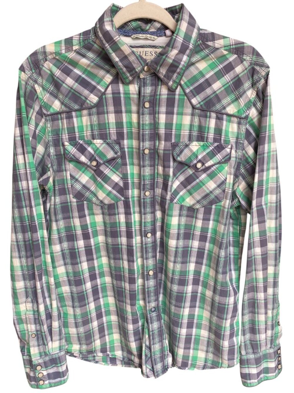 Guess Los Angeles Plaid Pearl Snap Western Shirt Green Gray Streetwear-Men's M